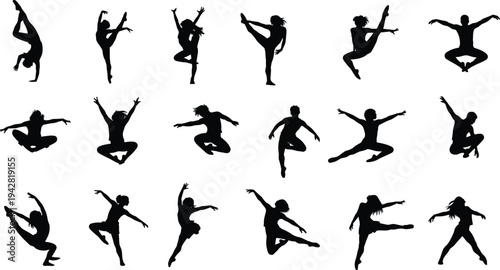 Silhouettes of dancers in dynamic poses, expressive movements, jumps, stances, choreography, body language, vector illustration for artistic and design themes