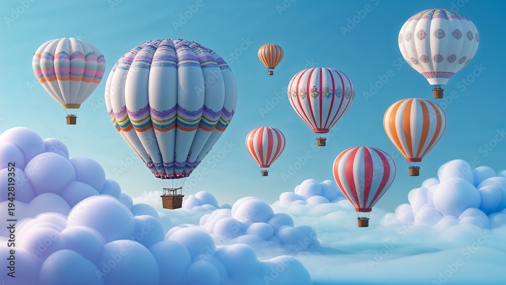 Obraz premium Floating large pastel-striped hot air balloon above clouds, showing baskets and colorful balloons