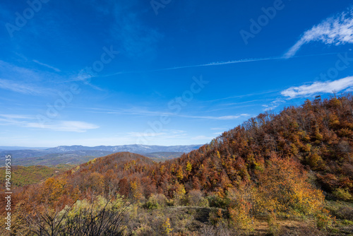 Panoramic scenic landscape with tranquil fall colors. View of a mountain range photographed in autumn. Beautiful autumn colors cover the photo. Suva Planina - Serbia.