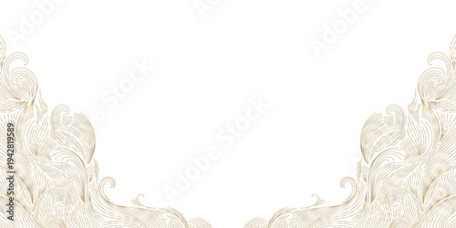 Elegant gold wave line pattern, white background, abstract Japanese curves and flowing shapes. Luxury vector design fluid lines, geometric deco elements, fancy ocean graphic.