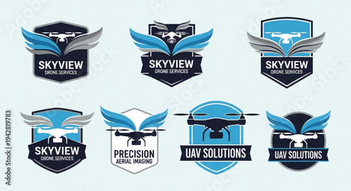 Collection of drone logos with wings and text.