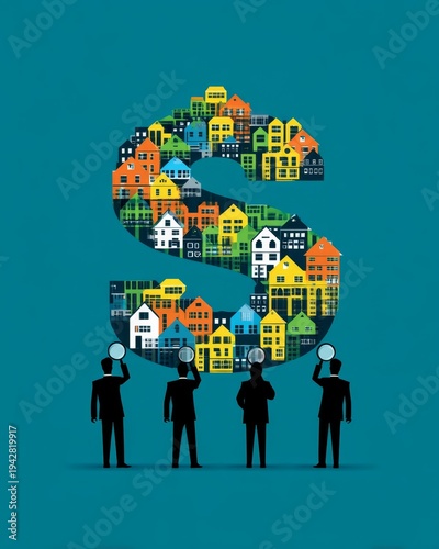 Wallpaper Mural Housing Market Affordability Crisis, People Using Magnifying Glasses to Analyze Properties Represented by a Colorful Dollar Sign, Symbolizing Real Estate Investment and Market Analysis Torontodigital.ca