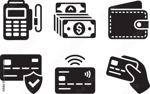 Essential black icons illustrating various financial transactions and secure digital payments