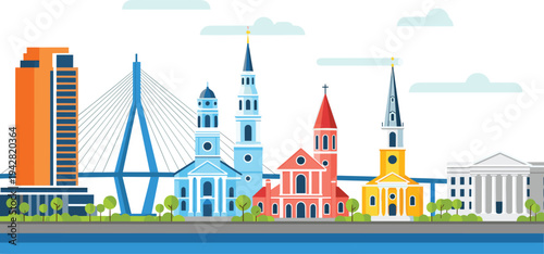 Colorful cityscape illustration featuring modern skyscraper, cable-stayed bridge, historic churches, classical building, vibrant architecture, waterfront trees, and clouds