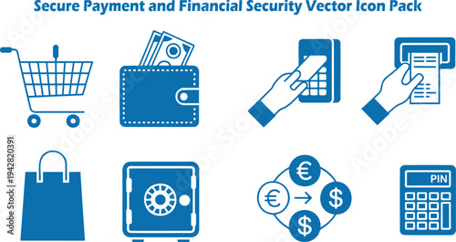 Essential blue icons illustrating secure payment transactions and financial safety for online commerce