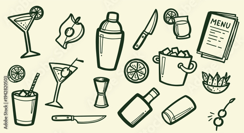 Cocktail Bar Elements Hand Drawn Icons Set