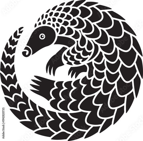 Black Pangolin Curled in Circle Silhouette Icon