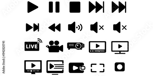 A collection of black vector music icons including play and pause buttons with arrow symbols and direction pointers in a professional circle design set for web business elements