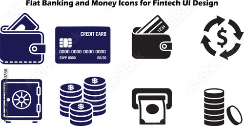 Flat banking and money icons representing wallets, credit cards, safes, and cash currency transactions