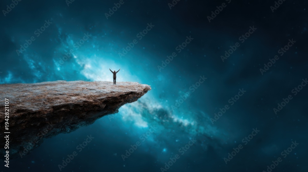 Fototapeta premium A breathtaking view of a lone figure atop a rocky cliff, set against a mesmerizing cosmic backdrop filled with vibrant stars and swirling galaxies, evoking wonder and introspection.