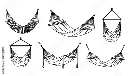 Minimal black and white hammock collection vector illustration with hanging camping hammocks