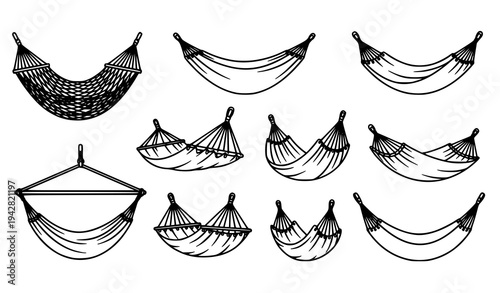 Black and white hammock vector set minimalist hanging camping and garden hammock collection illustration
