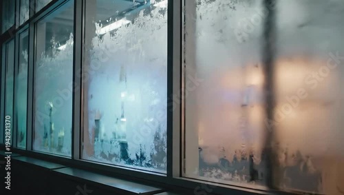 Wallpaper Mural A close-up view of a window covered in frost, showcasing the intricate patterns of ice crystals. Torontodigital.ca