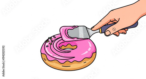 Hand Spreading Pink Frosting on Donut.