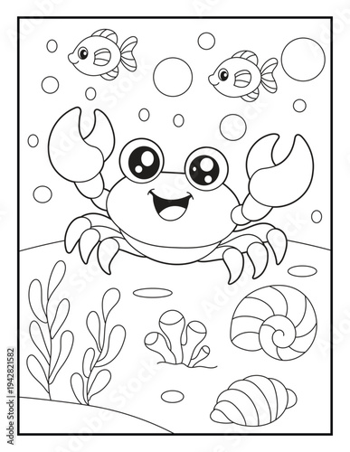 Wallpaper Mural Cute Sea Crab Coloring Page for Kids. Simple Cartoon Ocean Animal with Fish and Shells Line Art.  Printable Underwater Activity Sheet for Children. Torontodigital.ca