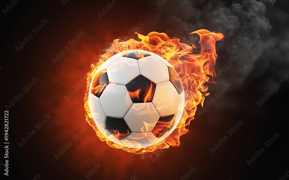 Fototapeta premium A burning soccer ball engulfed in flames with smoke on dark background