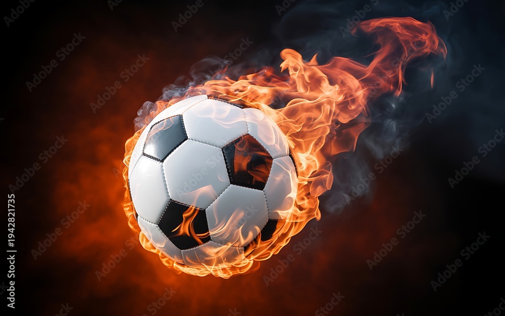 Naklejka premium A burning soccer ball surrounded by flames and smoke in motion.