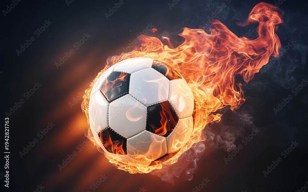 Naklejka premium A fiery soccer ball blazes with intense flames in a dark environment.