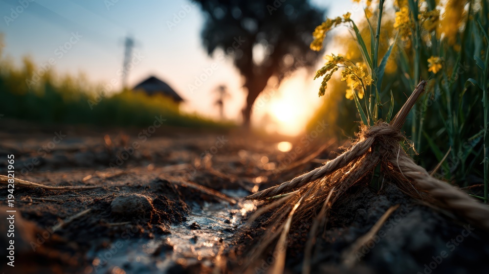 Fototapeta premium A captivating sunset scene with a focus on tied rope beside crops, symbolizing the connection between nature, agriculture, and the warmth of dusk.