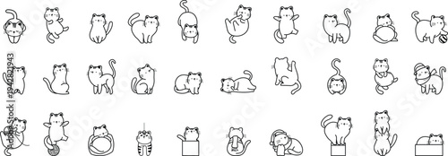 Cute cat doodle icons set for pets, animals, and playful design. Minimal outline kitten illustrations in sitting, stretching, and curious poses. Adorable vector graphics for stickers, children apps, a