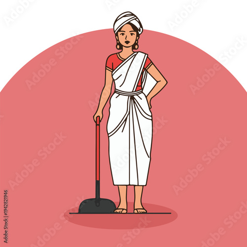 Illustration of an Indian lady farmer standing with a hoe wearing a turban flat colors bold black outline minimal vector style