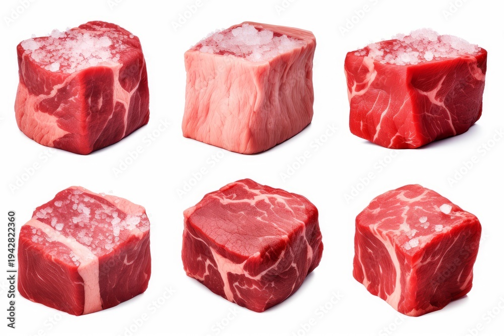 Fototapeta premium Raw beef cubes displaying fresh protein, marbled fat, and sprinkled salt on a white background