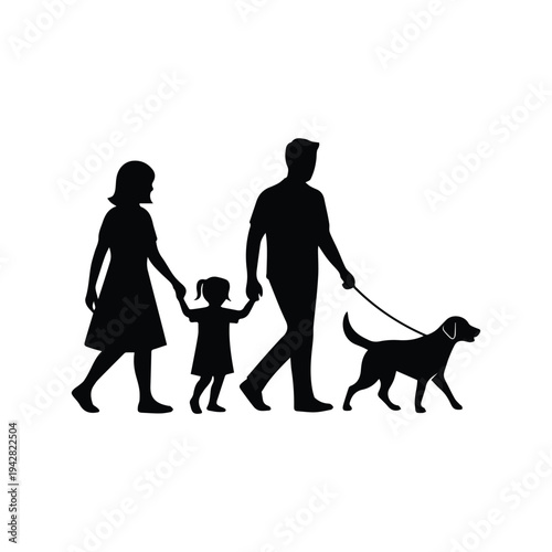 Silhouette Family Walking Dog: Parents and Child Strolling Together Outdoors, Representing Happiness and Unity