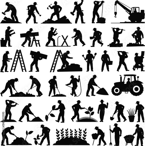 Collection of construction and agriculture worker silhouettes performing building digging hammering ladder work planting harvesting tractor farming and manual labor activities isolated on white
