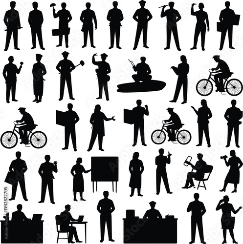Collection of people silhouettes representing different professions and activities including teacher police worker cyclist office employee photographer presenter and business professional isolated