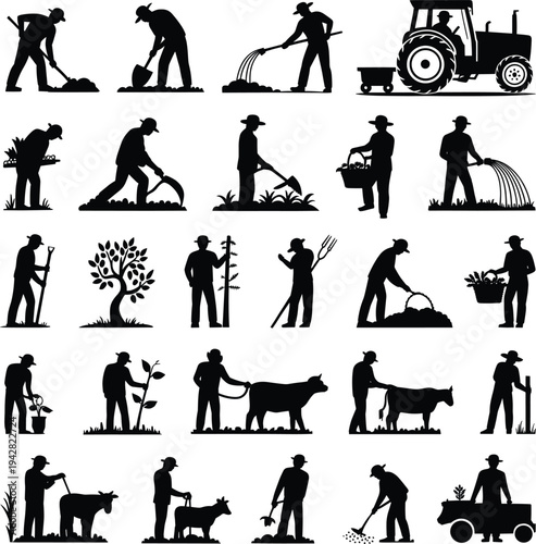 Collection of farmer silhouettes showing agriculture farming activities including digging planting watering harvesting caring animals using tractor tools and crops isolated on white background