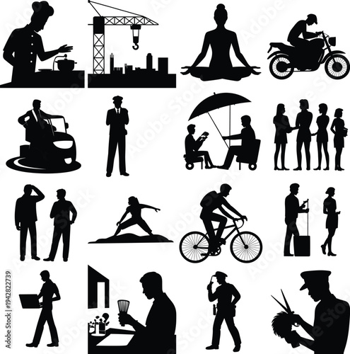 Collection of people silhouettes showing different professions activities and lifestyles including chef construction worker yoga motorbike rider driver police cyclist traveler and barber isolated