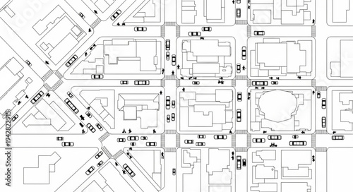 Aerial view of a city street map with buildings and cars.