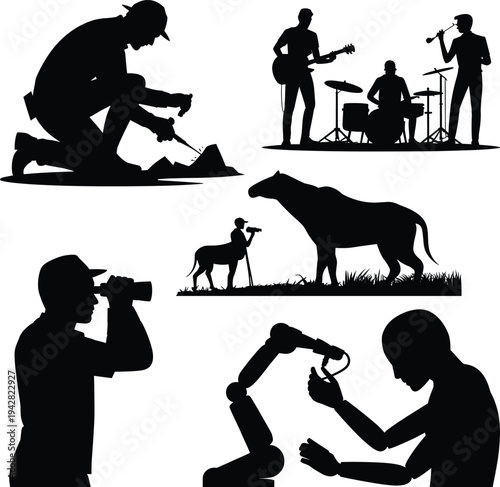 Collection of professional silhouettes including farmer musician photographer wildlife observer robotic engineer and animals representing different occupations technology creativity 