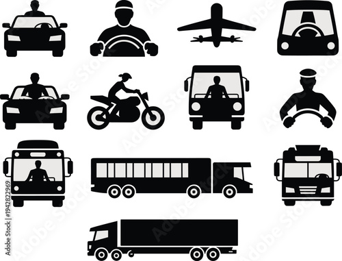 Collection of transport and driver silhouettes including car driver motorcycle rider bus truck pilot and airplane representing transportation travel logistics and delivery isolated