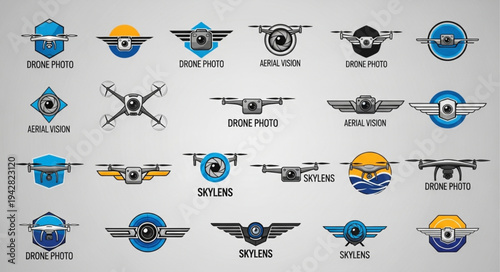 Collection of drone logos and emblems for aerial photography services.