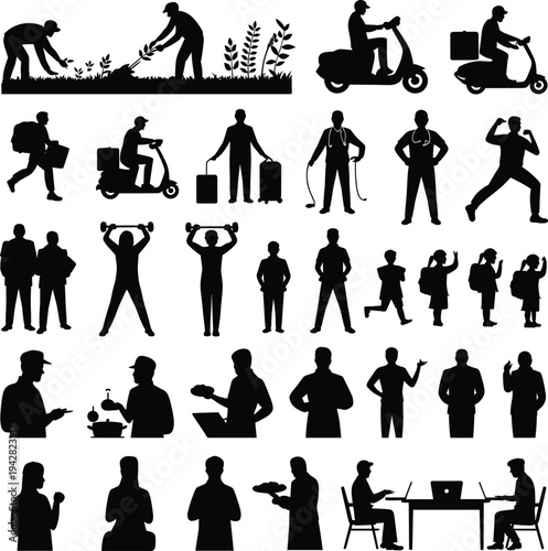 Large collection of people silhouettes showing different professions activities and lifestyles including farmer delivery rider doctor student athlete chef and office worker isolated