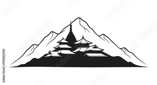 Snowy mountain peaks landscape silhouette.