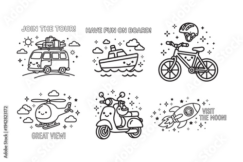 Cute Travel Doodle Van Boat Bicycle Helicopter Scooter Moon Rocket Line Art