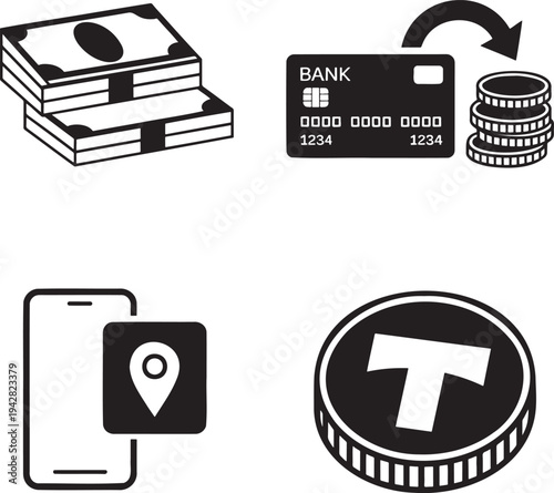 Various financial icons including stacks of cash, credit card transactions, mobile location, and a cryptocurrency coin