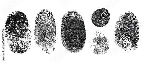 Abstract fingerprint imprint texture set. vector black grunge distressed ink evidence technology artistic dirty background design.