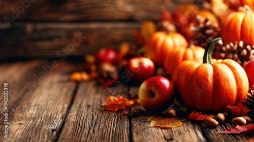 A beautiful arrangement of bright orange pumpkins and red apples surrounded by colorful autumn leaves and pinecones on a rustic wooden table, celebrating fall's bounty.