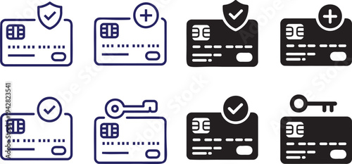 Various flat credit card protection and transaction icons with shields, keys, and confirmation symbols