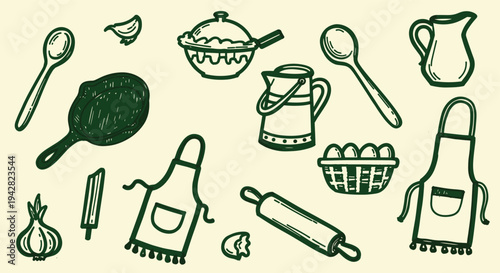 Doodle illustration of kitchen utensils and ingredients for cooking and baking