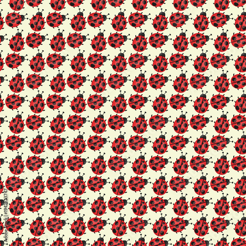 Colorful pattern of ladybugs on a light beige background, creating a cheerful and vibrant design.