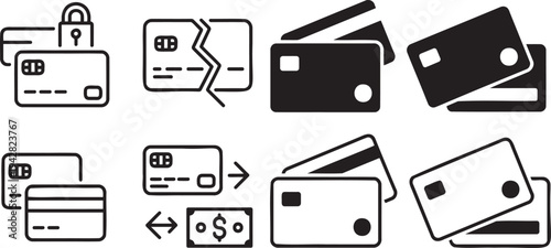 A collection of credit card icons illustrates various aspects of secure and broken payment transactions