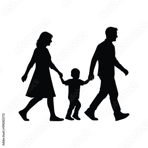 Silhouette of a Happy Family Walking Together Holding Hands, Parents and Child Silhouette on White Background