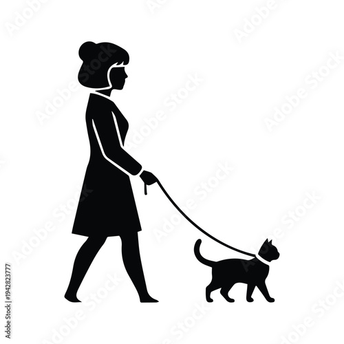 Silhouette of Woman Walking Cat on Leash Outdoors - Minimalist Vector Illustration, Clean Design