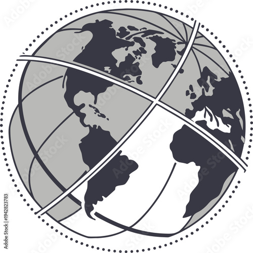 A stylized illustration of the Earth with a dotted border and intersecting lines