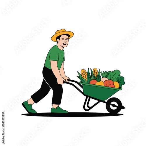 A smiling farmer pushing a wheelbarrow full of fresh vegetables