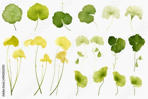 Various green and yellow botanical leaves growing on white background